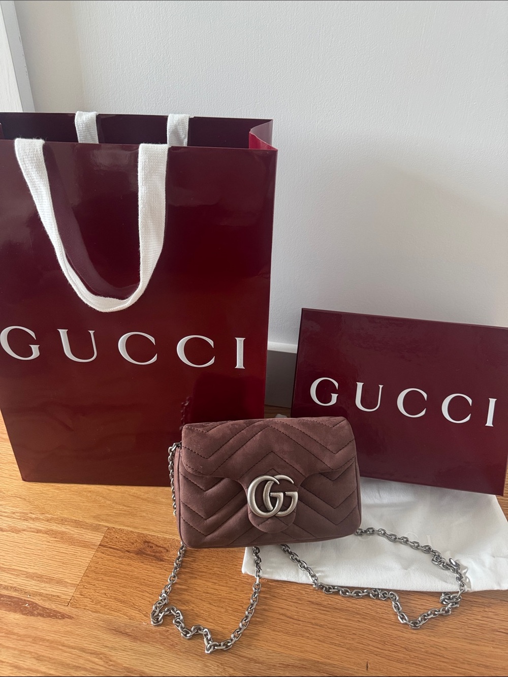 NWT Gucci Brown Suede GG Marmont mini shoulder Bag